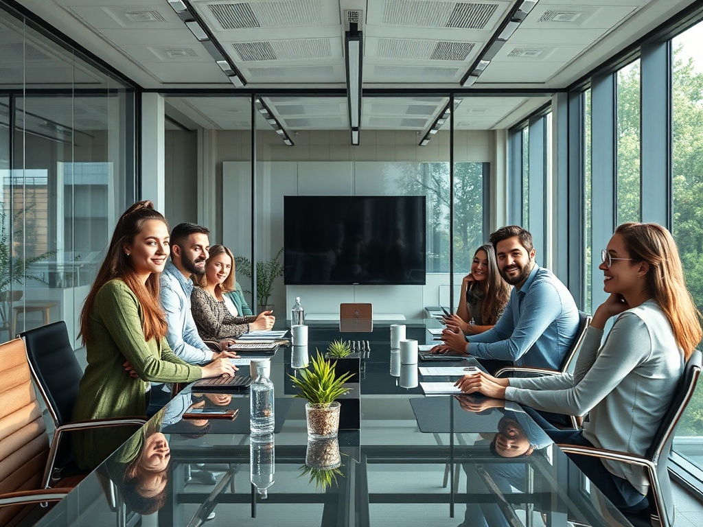 Diverse team of creatives in a modern glass boardroom, natural light, collaborative atmosphere, photorealistic 8k commercial photography