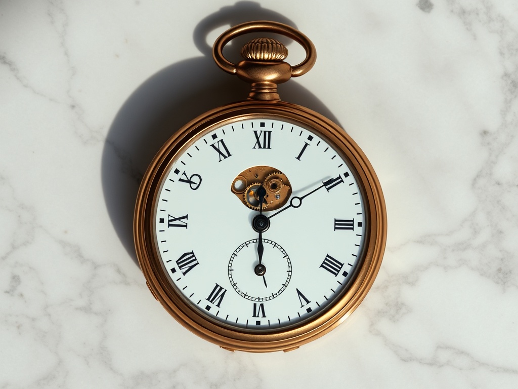 Flat lay of a stylized pocket watch, brass gears visible, marble surface, elegant shadows, 8k photorealistic